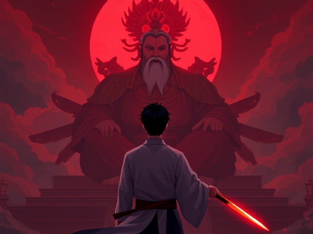 A man with short black hair, wielding a magical glowing red and black Chinese-style straight short small katana in his right hand down, wearing traditional Chinese mythology clothing. He is facing away, staring at the enormous figure of Shangdi, the god of all gods, who is sitting cross-legged in front of him. The scene is depicted in an anime style
