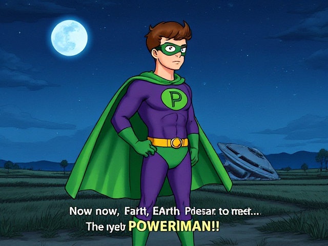 Dramatic Comic Book scene: A young, Autistic 25-year old boy with light skin and flat, smooth, and slick brown hair with a singular curled bang in the shape of a P sticking out at the front named T.J. Granger, but transformed into a genetically-altered superhero named Powerman, who, despite still being a young adult kid, has an extremely muscular body. He wears a sleek purple bodysuit with a green P symbol on his chest, a golden belt with a circular buckle, green briefs, green boots, green long-cuffed gloves, a really big, toe-length long, ultra-wide green cape wreathed around his neck, and a green eye mask that protects his true identity and also causes his pupils to magically disappear as his eyes glow an eerie white. He also has incredible and invincible superpowers flowing through his veins. In this scene, Powerman is currently standing in front of a crashed alien mothership on the outskirts of a farm at night, ready for action as he prepares to take flight for the first time and fulfill his destiny. The subtitles at the bottom have Powerman say, "And now, Earth... Prepare to meet... The mighty POWERMAN!!"