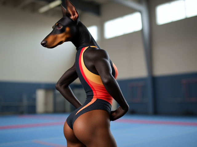 Anthropomorphic Doberman wearing a gymnastics leotard, posing with emphasis on its hips in a gymnasium setting, detailed and vibrant colors