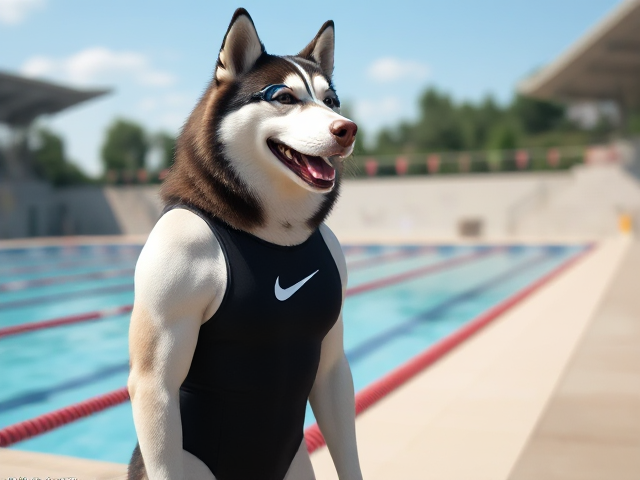 A anthropomorphic Alaskan malamute wearing a Nike one piece swimsuit and swimming goggles while standing next to a Olympic sized swimming pool