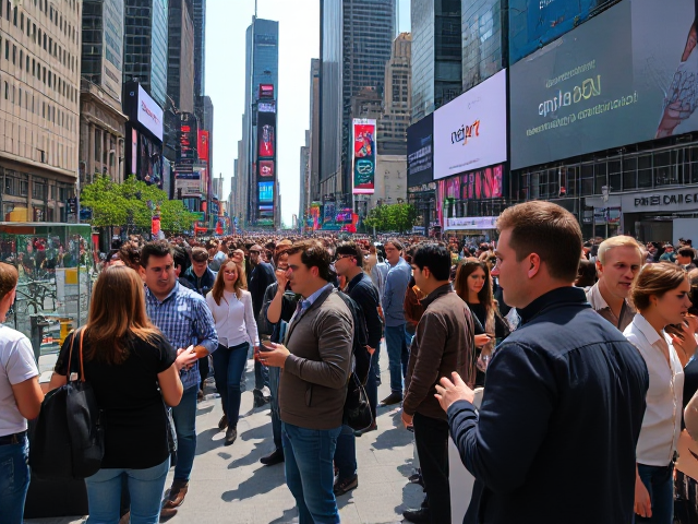 Experiential marketing event in a bustling urban square, people interacting with innovative product displays, some sneering at overly enthusiastic marketers, detailed facial expressions and body language, modern cityscape background with skyscrapers and digital billboards, photorealistic style, natural daylight casting sharp shadows, street-level view angle capturing the dynamic atmosphere