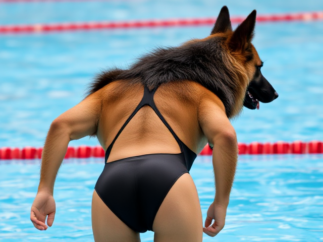 A anthropomorphic long haired German shepherd Olympic swimmer wearing a high cut one piece swimsuit