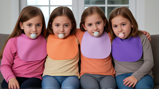 Quatre filles adolescentes aux cheveux lisses et dégagé et de différentes couleurs a l'avant assis dans un canapé avec des très grands Bavoirs simple de différentes couleurs en plastique et des tétines en bouches elles sont en tee-shirts manches longues de différentes couleurs que les Bavoirs et ont des et elles se font un gros câlin et il y a une grande fenêtre derrière le canapé