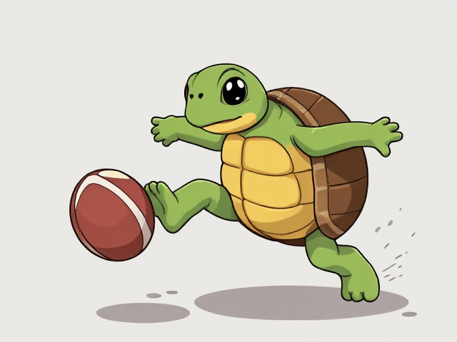 Tortue qui donne un coup de pied dans un ballon de rugby