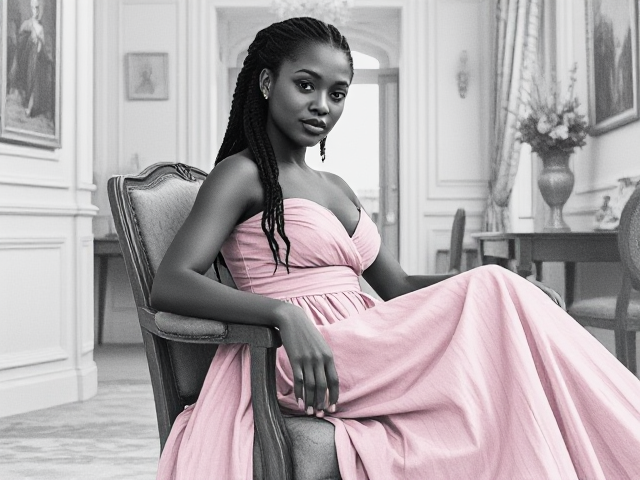 jeune femme noire de 19 ans avec des tresses, portant une élégante robe rose, assise gracieusement sur une chaise dans un environnement lumineux et détaillé