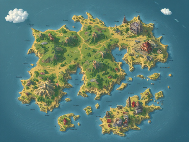 A flat fantasy map of a lot of big and small islands with fantasy writing names that you can’t even read and kingdoms, anime