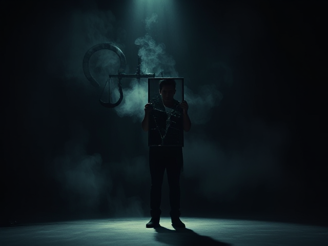 A lone figure standing on a dimly lit stage, holding a broken mirror reflecting their own sorrowful face; surrounded by ethereal smoke swirling around as symbols of guilt—shackles and scales—float hauntingly in the background. The atmosphere is heavy with remorse, depicted in an expressionist style with muted colors and dramatic lighting casting long shadows. Shot from a low angle, emphasizing the weight of their emotions and the burden they carry.