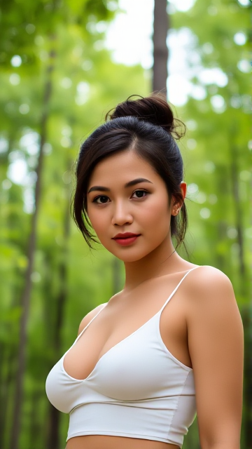A serene photograph of a Pilipina woman with brown eyes, vibrant raven hair in a loose updo, and light skin in a fair complexion. She is standing. She gazes peacefully at the camera, wearing a low-cut, white thin top. The background is a lush green forest with tall trees. The lighting is soft.