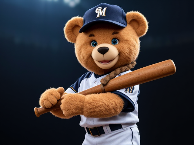 An athletic teddy bear braid shoulders beige fur blue eyes wearing a brewers uniform navy hat white jersey white baseball pants navy socks white cleats holding a navy baseball bat smiling