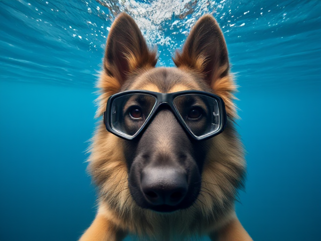 Long haired German shepherd freediving goggles