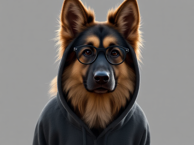 A anthropomorphic long-haired German shepherd wearing a hoodie, glasses, and leggings