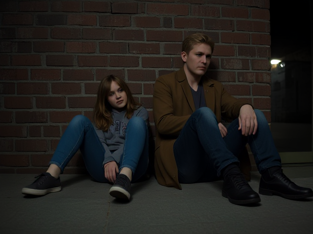 a petite, 13-year-old girl with strawberry blonde hair, wearing jeans and a hooded pullover, sits slumped with her back against a brick wall, feet forward, legs outstretched. Next to her sits a modern-day male vampire, 28 years old, with pale skin and blonde hair, dressed in jeans and a brown trenchcoat. The vampire is slumped against the wall as well, feet forwards, legs outstretched. The girl has a forlorn look and rests her head on the vampire's shoulder. Set at night in an abandoned warehouse, in a holding room with no windows. The vampire is roughed up from a fight. Both have their backs against the wall. 
The vampire looks straight ahead, worried.. they're in a locked room. Seen through a window in the door. Both have their egs outstretched, feet forward, flat on the ground.