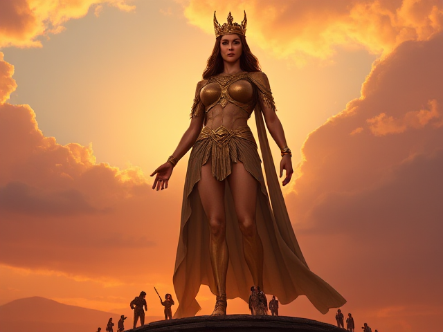 15-year-old powerful woman, standing tall and majestic, with a commanding presence, appearing like a goddess towering over the landscape. Her eyes gleam with determination as she poses confidently, symbolizing strength and empowerment. A vibrant sunset sky casts a dramatic glow around her, enhancing her imposing stature. Laughter from tiny figures below emphasizes their perceived weakness compared to her grandeur