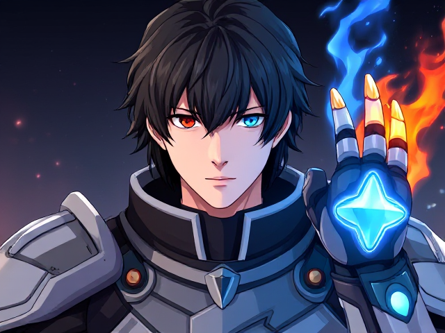 Young adult male with medium to long black hair and his right eye is blue and his left eye is red with futuristic armor and futuristic gauntlet that’s on the right shoots ice and the right shoots fire, anime