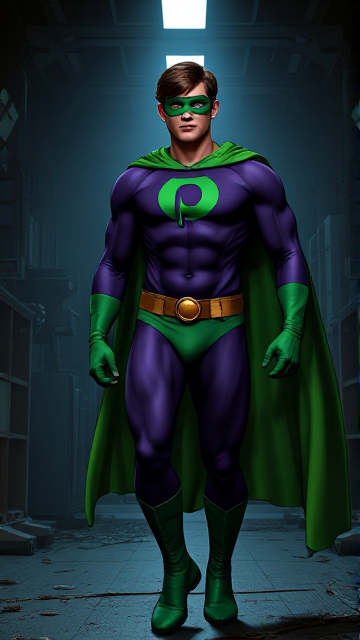 Dramatic Comic Book scene: A young, Autistic 25-year old boy with light skin and flat, smooth, and slick brown hair with a singular curled bang in the shape of a P sticking out at the front named T.J. Granger, but transformed into a genetically-altered superhero named Powerman, who, despite still being a young adult kid, has an extremely muscular body. He wears a sleek purple bodysuit with a green P symbol on his chest, a golden belt with a circular buckle, green briefs, green boots, green long-cuffed gloves, a really big, toe-length long, ultra-wide green cape wreathed around his neck, and a green eye mask that protects his true identity and also causes his pupils to magically disappear as his eyes glow an eerie white. He also has incredible and invincible superpowers flowing through his veins. In this scene, Powerman is currently walking through a dark, abandoned laboratory at night, looking for clues to the mystery he is trying to solve.