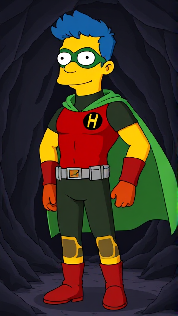 Cartoon scene: Milhouse Van Houten from The Simpsons, with his yellow skin, really big round nose, and blue hair that's slicked back and curled up at the top, but as a tall, 18-year old teenager, dressed as a parodied version of Robin, The Boy Wonder, with an extremely muscular body, wearing a dark green bodysuit with a red torso adorned with a small black circle with a light-green "H" symbol on his left pectoral, a silver utility belt with a red square buckle with silver pouches attached to it that hold all of his unique gadgets, red boots, red long-cuffed gloves, a really big, toe-length long, ultra-wide light-green cape wreathed around his neck held up by an inverted silver triangular button, and a light-green eye mask with optical lenses in it that protects his true identity, now known as Houseboy, The Nerd Wonder, the other half of Springfield's Dynamic Duo, and one of the greatest vigilante superheroes ever known in Springfield. In this scene, Houseboy is currently standing in a dark cavern, searching for a lost citizen that has been kidnapped.