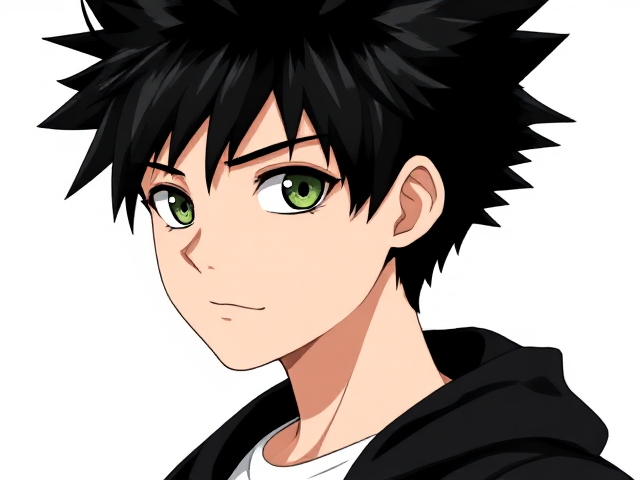 My hero academia inspired styled OC. Black spikey hair. Around 14. Wears a white T-shirt with a black jacket. 3/4 view. Green or grey eyes. Full head in view. Half body shot.