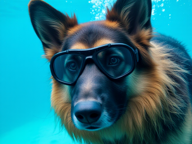 Anthropomorphic German shepherd with long hair, wearing freediving goggles, face tinted blue from holding breath too long, underwater setting, detailed fur and expression