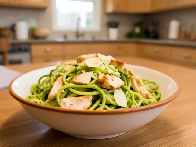 in a cozy kitchen on a table we see a bowl of Keto Pesto Zoodles 🍃
Ingredients:
1 cup zucchini noodles
2 tbsp pesto (keto-friendly)
¼ cup grilled chicken, diced
1 tbsp Parmesan cheese
Instructions:
Toss zucchini noodles with pesto and grilled chicken.
Sprinkle with Parmesan cheese and serve fresh.
Summary:
These pesto zoodles are light, fragrant, and perfect for a quick keto lunch. The creamy pesto sauce adds a burst of flavor. Simple yet irresistible!