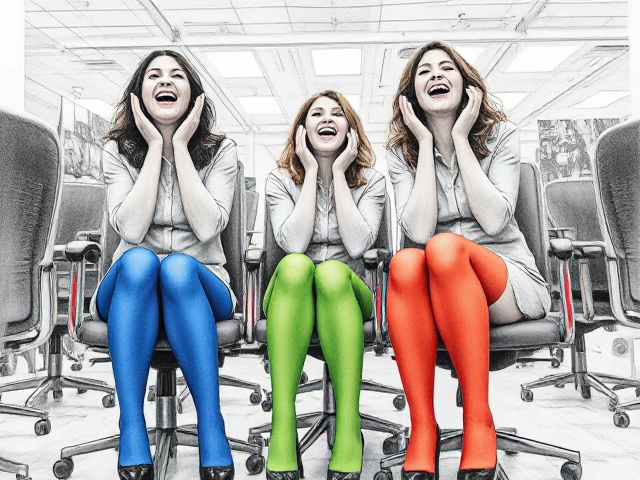 Beautiful women office workers in blue, red, green and orange stockings howling in hysterical laughter at their chairs