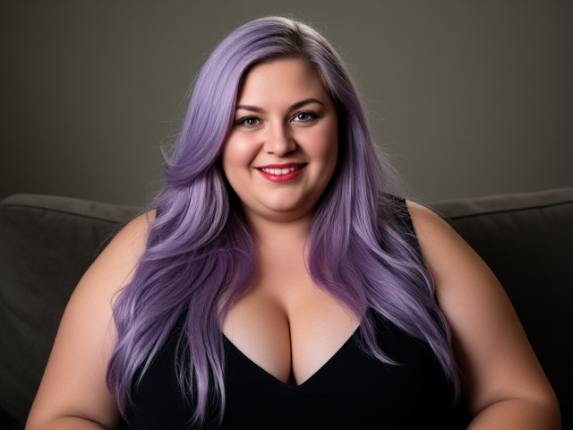 An obese woman 5 10 very long light purple hair blue eyes wearing a black dress sitting on the couch smiling closeup