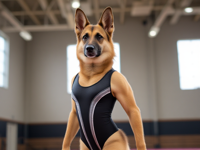 A anthropomorphic German shepherd with blonde hair wearing a gymnastics leotard in a gymnasium