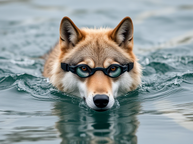 A Wolf swimming wearing swimming goggles