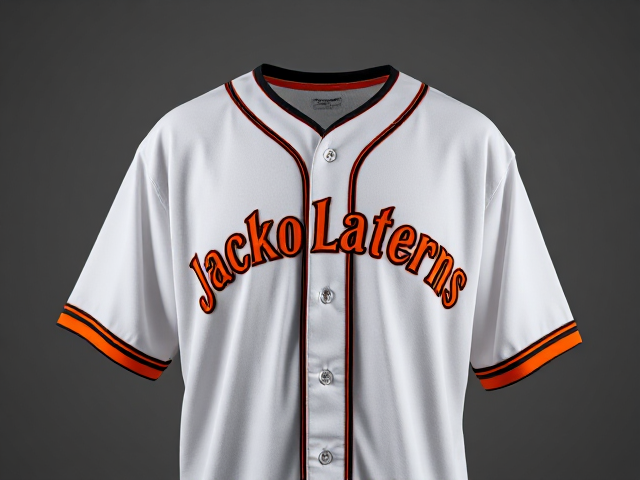 white baseball jersey with Jackolanterns written across the front in orange and black with black and orange piping around the neck and cuffs of the jersey