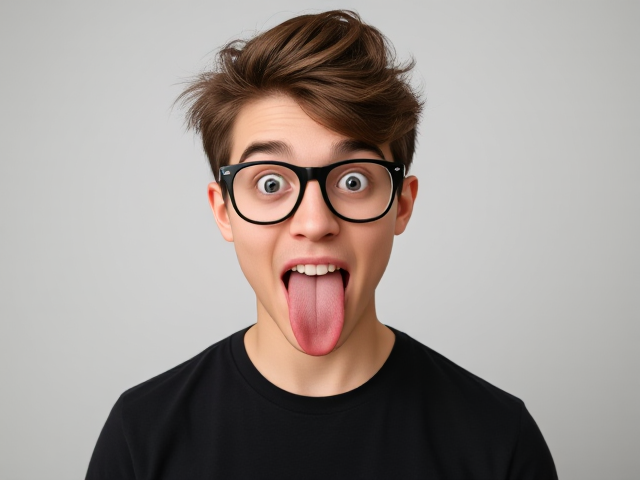 design a young man with a wide-eyed, exaggerated expression—his tongue sticking out in a funny, playful manner. Use slicked-back messy hair and dress him in a simple black t-shirt. Add a pair of thick glasses for a geeky look.