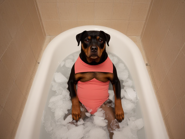 A anthropomorphic Rottweiler wearing a gymnastics leotard submerged in a bathtub full of ice