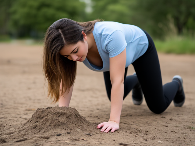 Brunette wearing a light blue t shirt and black yoga pants found face flat on the root