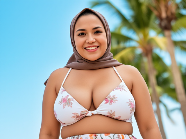 A confident and cheerful curvy older japanese woman wearing a hijab on her head, posing behind a bright blue sky with palm trees. She wears a white floral-patterned bikini top that exposes her curvy cleavage and a exotic underskirt, exuding a warm and relaxed summer vibe. The setting is outdoors, with soft natural light enhancing her vibrant and friendly expression.