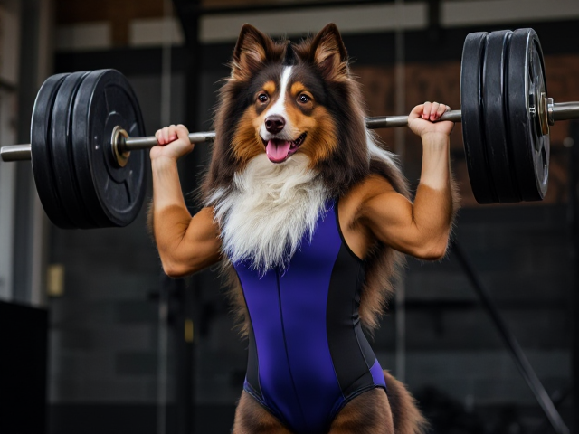 A Rough collie wearing a leotard lifting a barbell (full body)