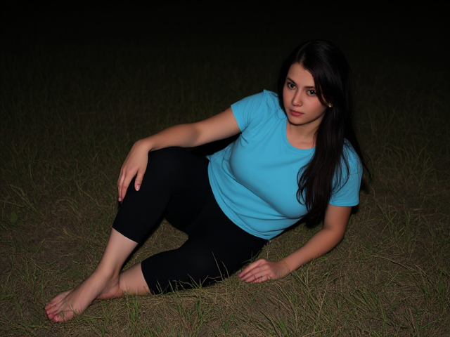Woman with dark brown hair wearing a light blue t shirt and black yoga pants lying  the floor in a dark field