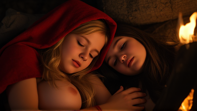 Set in the dark ages, night time. A blond girl with large breast wearing a red hooded cape, sleeping next to a girl with long black hair next to  small fire.