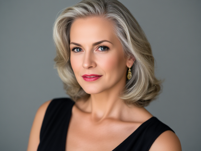 Elegant and sophisticated woman in her 50s with graceful grey hair, wearing high heels, poised and confident