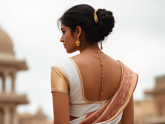 Indian young woman dressed in a white saree and gold traditional jewelry with her back turned. Modernized