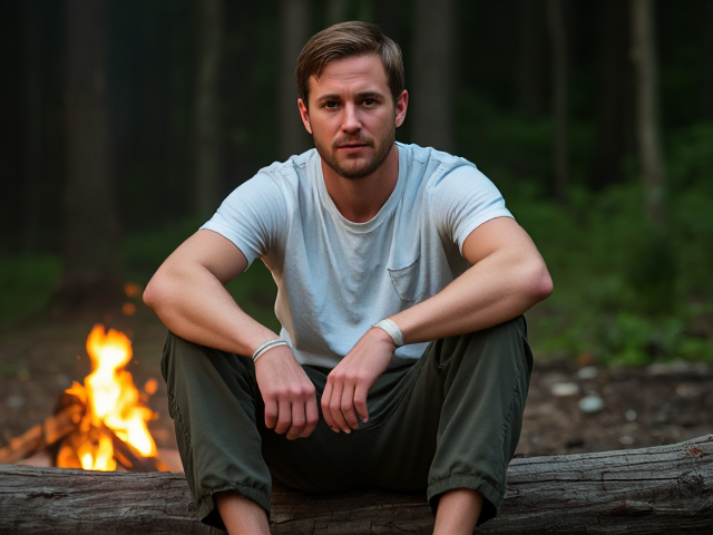 "Generate a complete man sitting in a forest setting in front of a campfire. He should be sitting on a log with his legs turned upward and his arms resting on his knees. His posture should be slightly slouched, like someone who's been through a long, rough day. The man should have short, slightly messy hair and a scruffy beard. He should wear a torn, dirty white t-shirt with some small rips and stains, and olive green cargo pants. His hands should be lightly wrapped with bandages, showing a little wear and tear. The expression on his face should reflect a sense of tiredness, like someone surviving in the wild. He should be lit by the glow of the campfire, adding warmth and realism to the scene."