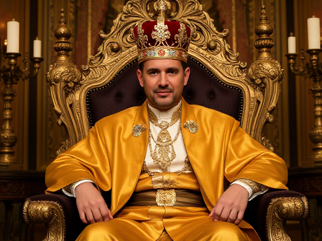 A majestic man sitting on a grand throne adorned in luxurious golden robes, with an ornate crown inscribed with the name Bob. He exudes authority and regality as the king, surrounded by opulent decor and a lavish background