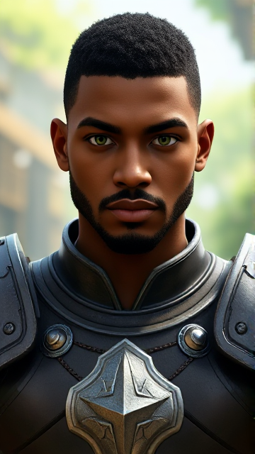 Black man,  brown skin, Athletic build, dark green eyes with blue flecks, short cropped black hair tapered at the bottom, 6 foot 2 inches, muscular, confident, sleek and cool armor fit for mobility, energetic, medium beard