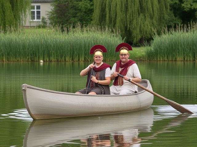 Nursing home residents dressed as Roman warriors on a canoe in a pond