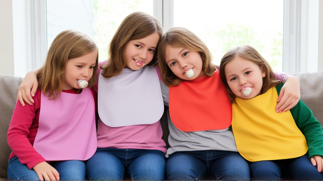 Quatre filles adolescentes aux cheveux lisses et dégagé et de différentes couleurs a l'avant assis dans un canapé avec des très grands Bavoirs simple de différentes couleurs en plastique et des tétines en bouches elles sont en tee-shirts manches longues de différentes couleurs que les Bavoirs et ont des et elles se font un gros câlin et il y a une grande fenêtre derrière le canapé