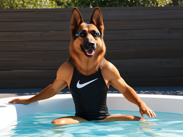 A tall and lean anthropomorphic long haired German shepherd with a long torso and broad shoulders wearing a high cut Nike one piece swimsuit and swimming goggles while sitting in a hot tub