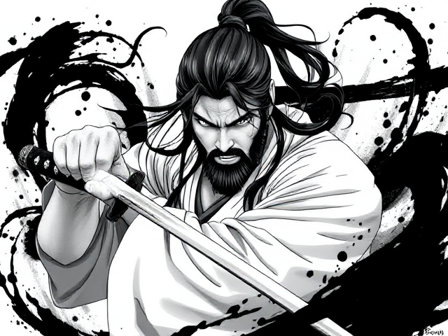 a dynamic, anime-style illustration of a fierce samurai warrior. The warrior should have a focused, intense expression, with long dark hair tied back, a rugged beard, and a traditional white samurai robe that's slightly tattered. His hand grips a katana with the blade drawn downward. Black, inky tendrils swirl around him, adding a sense of dark, chaotic energy. The background should be minimal to keep focus on the samurai, with brushstroke-style effects and splashes that enhance the dramatic, intense atmosphere. The art style should have rough, bold lines and a monochromatic colour palette with high contrast.