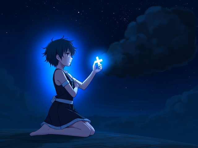 A kneeling anime character with blue rings and a radiant deep blue aura raising a glowing mini cross, illuminating it towards a dark black cloud on the right