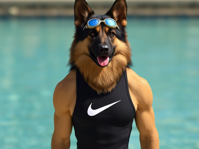 A tall anthropomorphic long haired German shepherd with a long torso and broad shoulders wearing a Nike high cut one piece swimsuit and swimming goggles