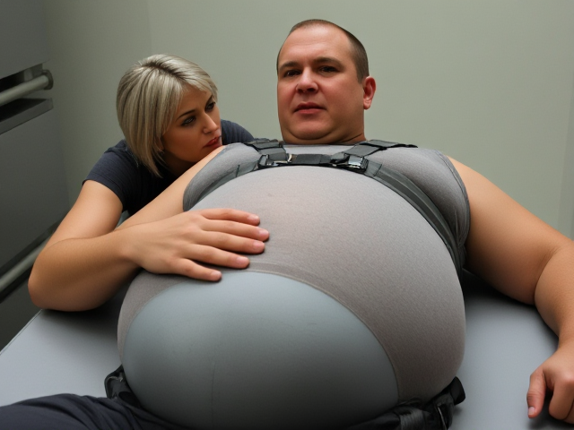 A middle age man of a strong, big build,  and a receding hairline. His hair is mostly bald on top but appears darker at the sides. He has a serious expression. His body type is somewhat stocky, with a round and slightly protruding belly . He is wearing a sleeveless tight grey shirt and is wearing workpants, he is  laying flat on back on a table, his legs inside big capsule, his belly to big for capsule opening. A young smaller woman, with silver-white hair, has an intense and piercing  expression as she stands behind the man to his left shoulder of the table and touches the mans belly and kisses his lips, The man looks over his left shoulder to see her,  but his expression serious. This scene suggests a moment of tension or confrontation between the two characters.
The grey  "hump" under the man's chin is the man’s round belly, as the angle of the shot is of the man layin DOWN FLAT ON BACK,  harnessed in,strap going around round belly, arms still at the man’s sides.  and the camera is facing up from right under his round belly, camera angle adds to this effect