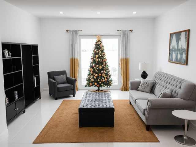 a small enclosed step down living room, absolutely no windows, just white walls on both sides, only one white double french door facing me with space on both sides of the door, french doors lead to backyard, white tiles, 3 sitting furniture (2 charcoal grey furniture, and 1 really high back light gray love seat with rhinestones that seats two persons), tan area rug and 3x5ft black bookshelf flush against the left wall, absolutely no furniture in front of the french doors or bookshelf, two white round end tables with black metal legs,  just ONE big black and gold christmas tree and gold and white ombre curtains on the french doors, black trunk in the center of the rug