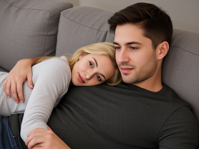 Show an image of a blonde 40 year old woman laying with her head on the lap of a man on a sofa. The man is handsome with dark hair and is clean shaven