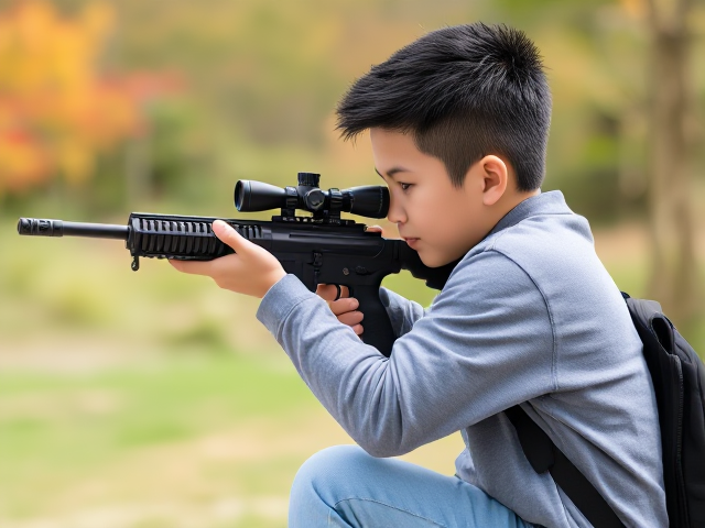 A light-skinned Chinese boy with short, black, spiky, hedgehog-like hair, wearing a grey shirt and light blue jeans. He is holding a modern rifle at an outdoor shooting range, intently looking through the scope of his rifle with focus and determination, surrounded by vibrant natural scenery